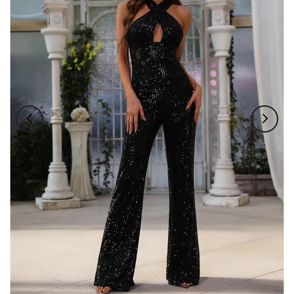 FAERIESTY Crisscross Cut Out Sequin Flare Leg Jumpsuit Size Large - Picture 1 of 12